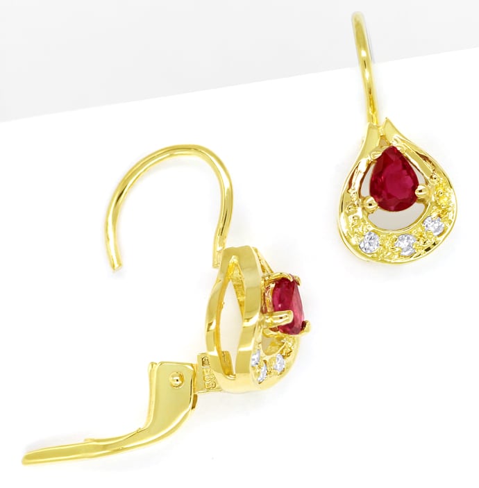 Foto 1 - Tropfen Ohrringe mit Spitzen Rubinen und Diamanten-Gold, Q0547