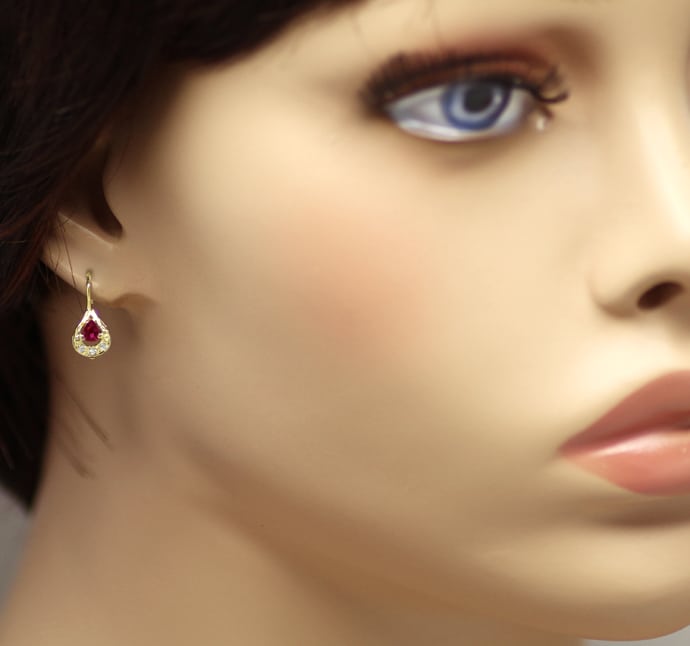 Foto 2 - Tropfen Ohrringe mit Spitzen Rubinen und Diamanten-Gold, Q0547