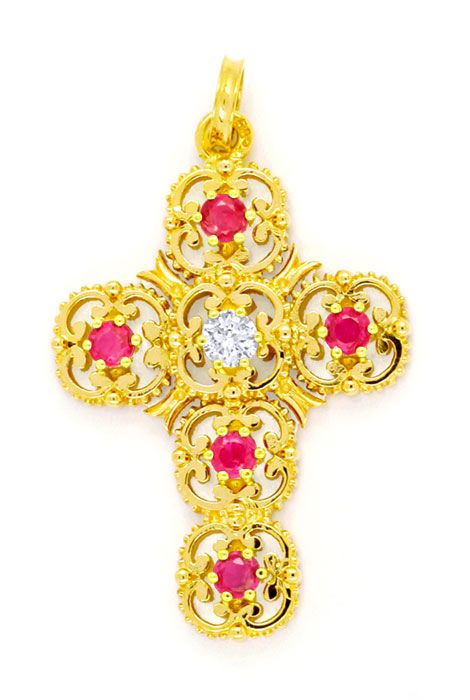 Foto 2 - Diamant Kreuz Anhänger, Spitzen Rubine, Gelbgold, S6087
